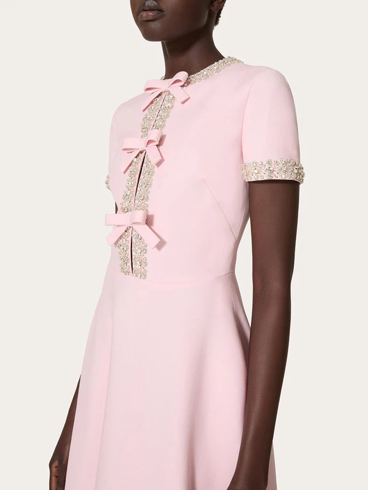 Chic Diamond Patchwork Dress with Bow