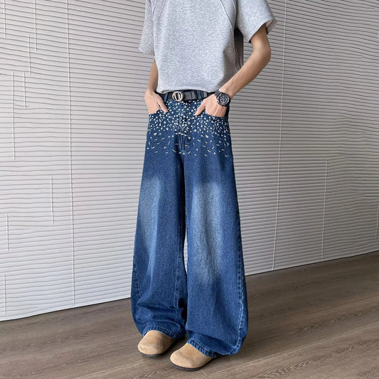 Breathable Loose Embroidered Contrast Color Jeans