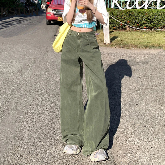 High Waist Loose Fit Green Jeans