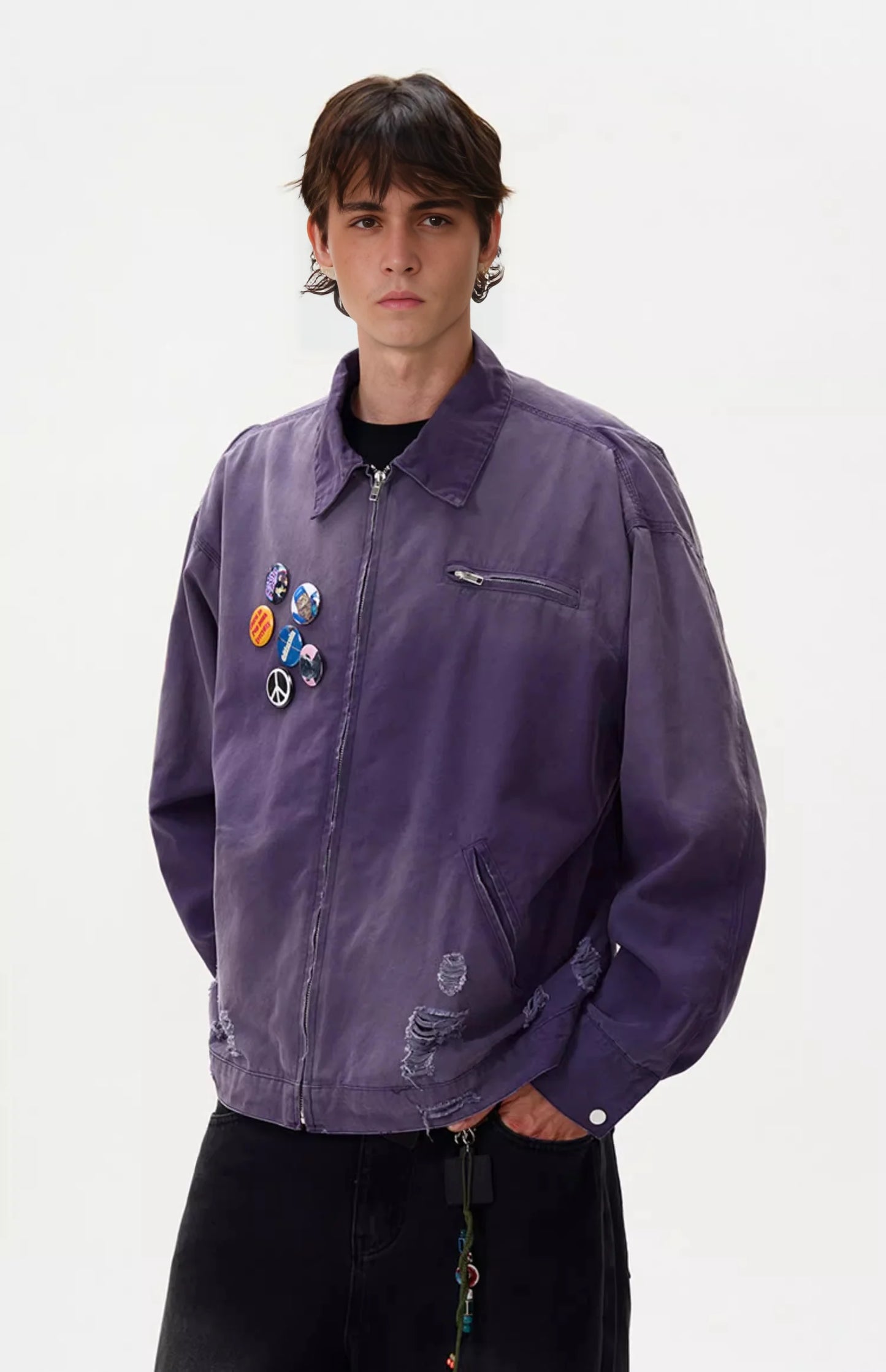 Distressed Washed Ripped Varsity Jacket