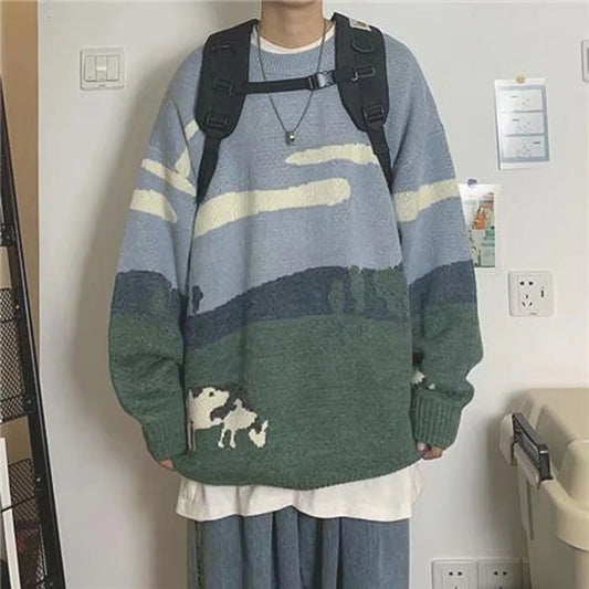 Vintage Winter Cows Print Sweaters Pullover
