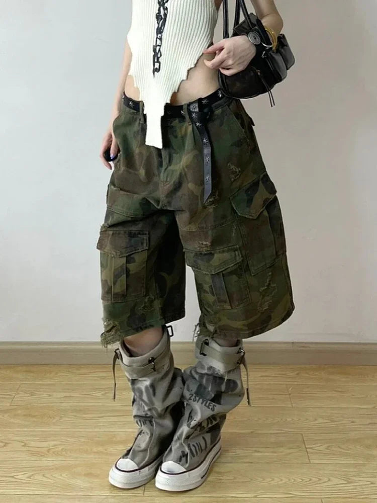 Vintage Camouflage Green High Waist Jeans