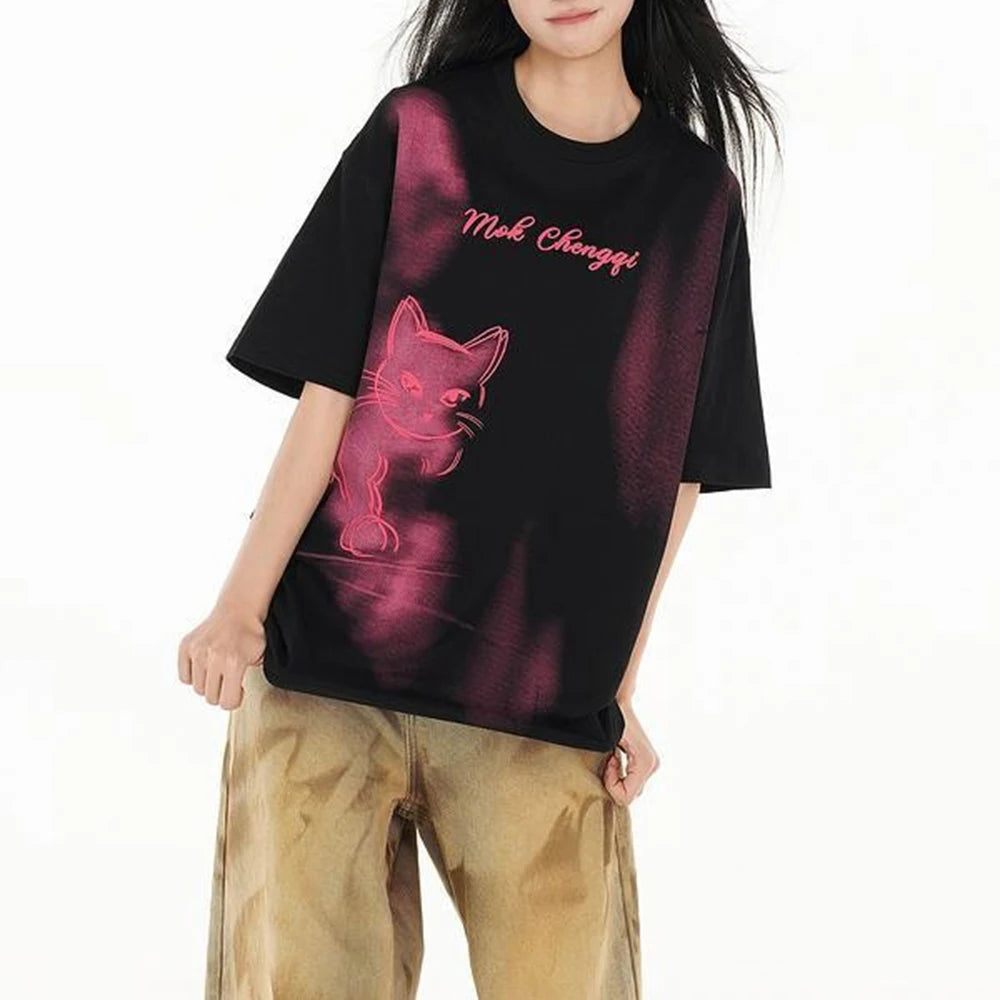 Vintage Graphic Kitten Print Short T-Shirt