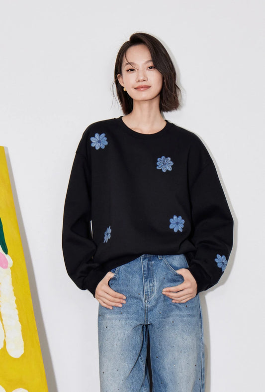 Floral Embroidered Denim Patchwork Hoodie