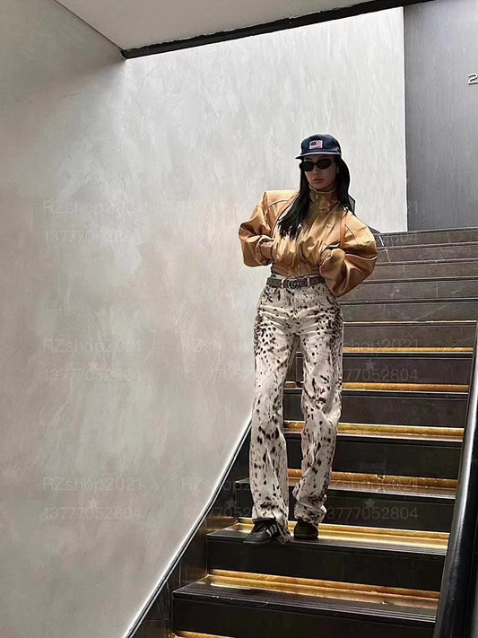 Retro Leopard Print Wide Leg Jeans
