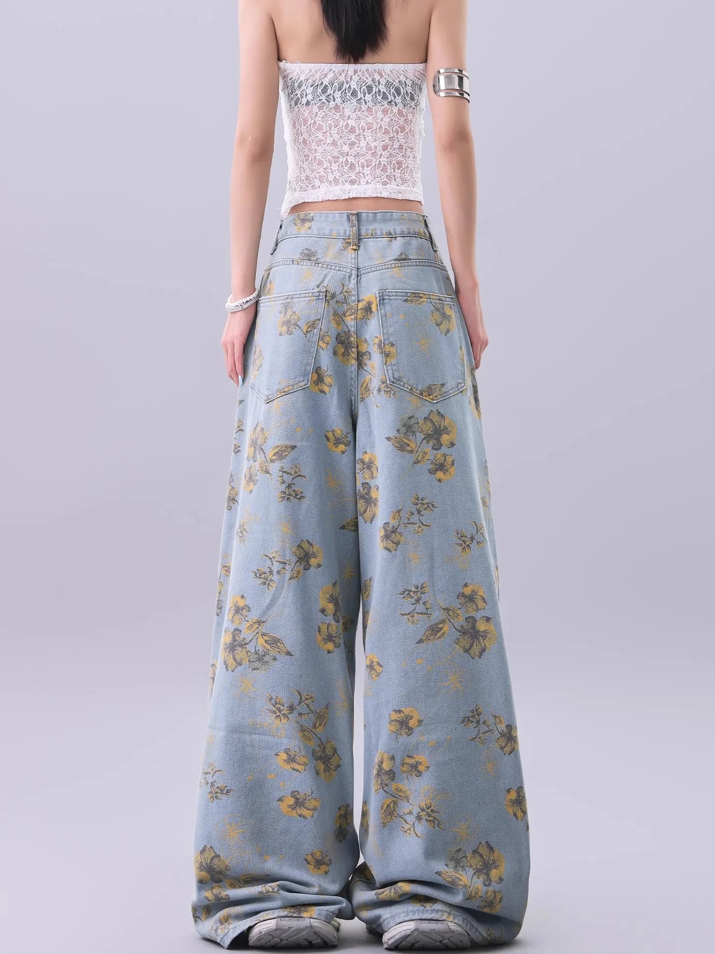 Blue Vintage Floral Print High Jeans