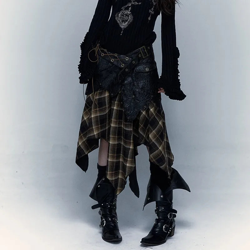 Grunge Aesthetics Plaid Patchwork Skirt Gothic