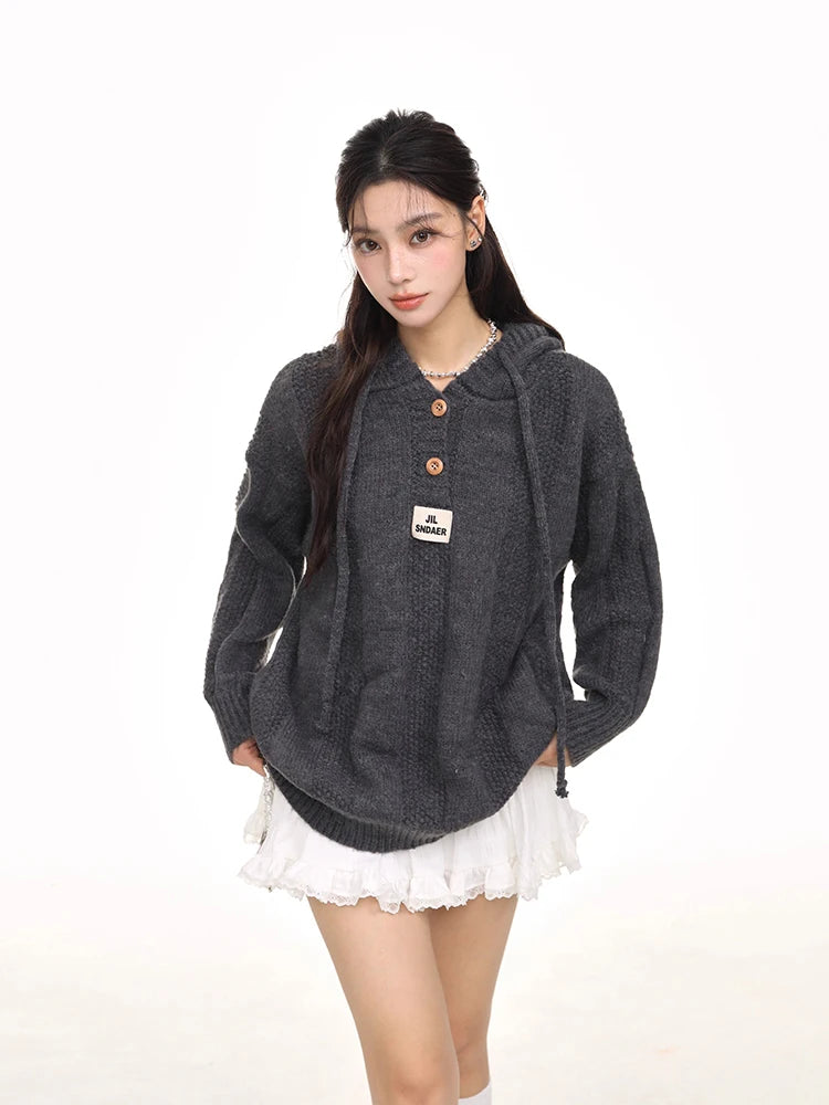 Retro Korean Hooded Sweater Casual Pullover
