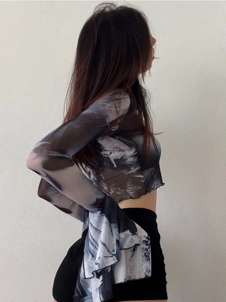 Gothic Aesthetic Mesh Flare Sleeve T-Shirt