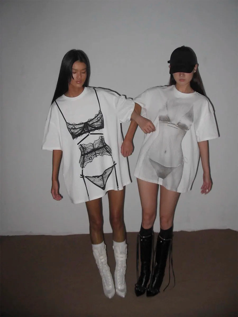 Y2K Perspective Printing Loose White T-Shirt