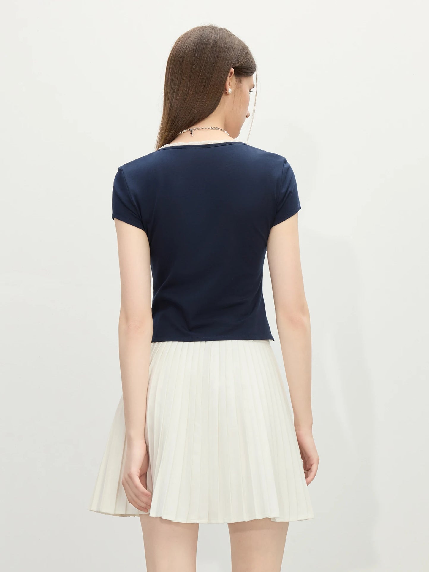 Navy Blue Age-Reducing Fake Two-Piece T-Shirt
