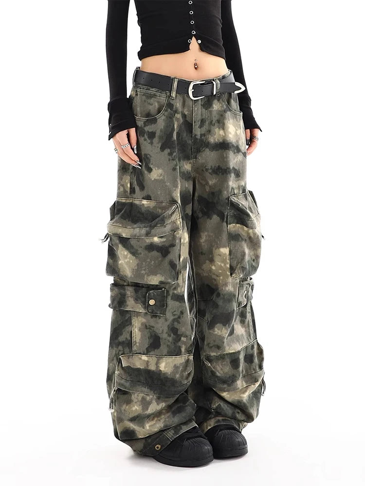 Vintage Camouflage Overalls Wide Leg Pants