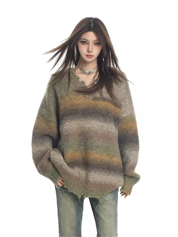 Retro Gradient Striped Sweater V-Neck Knit