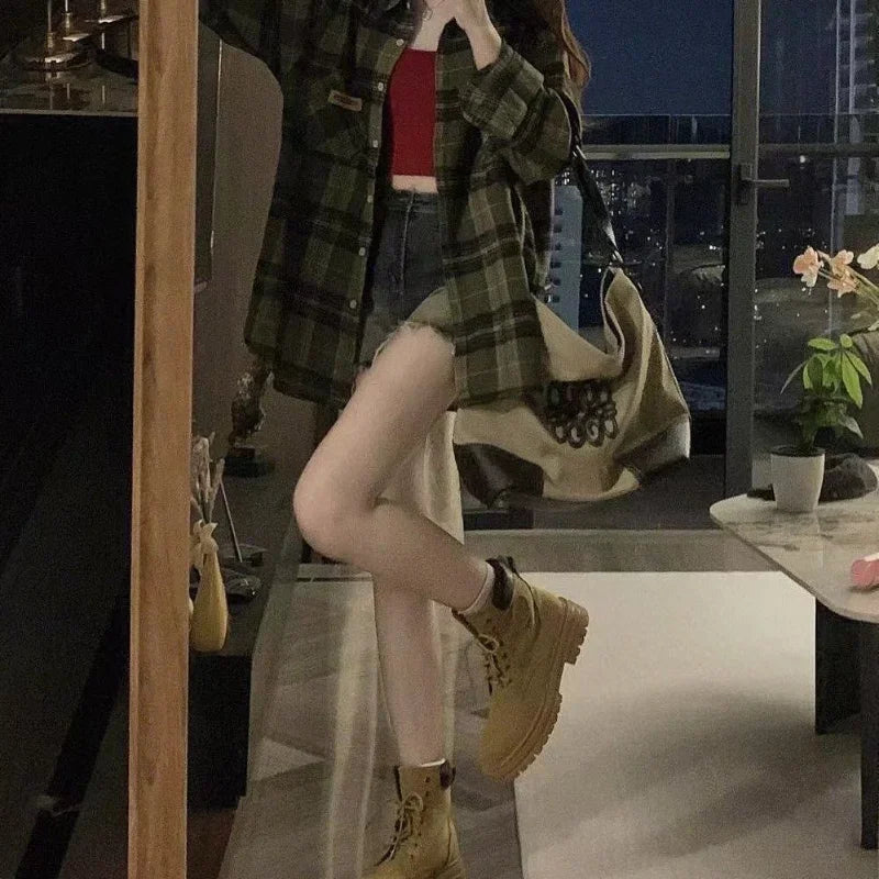Vintage Oversize Green Plaid Blouse Shirt