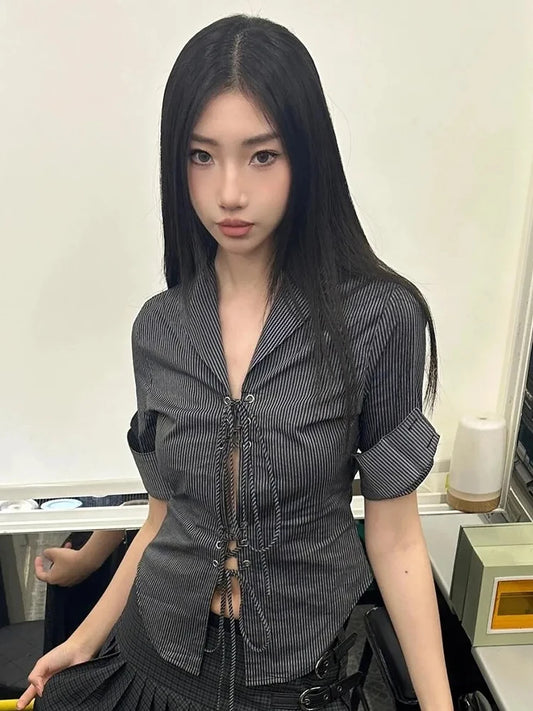 Slim Striped Hollow Out Lace Shirt