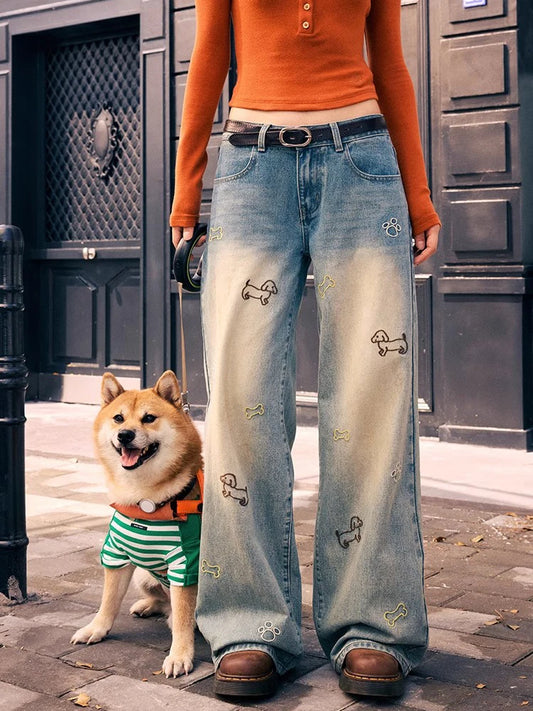 High Waist Embroidered Straight Jeans
