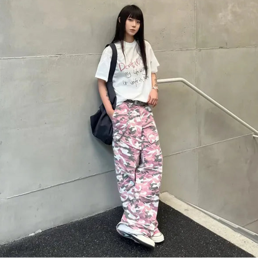 Pink Camouflage Wide Leg Workwear Jeans