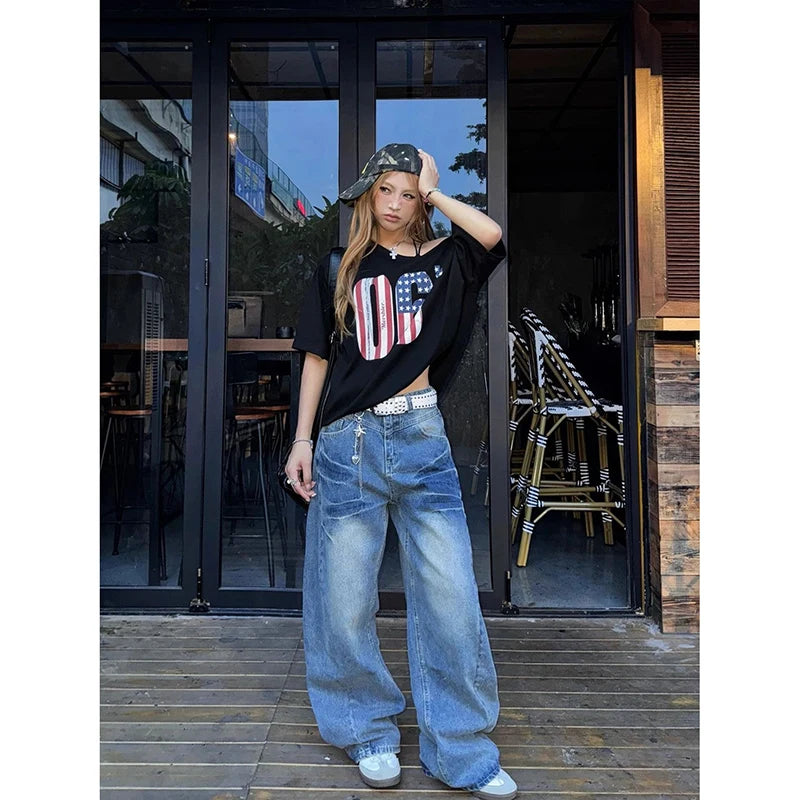 High Waist Wide Leg Washed Denim