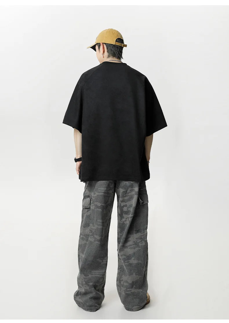 Vintage American Splicing Suede Short T-Shirt
