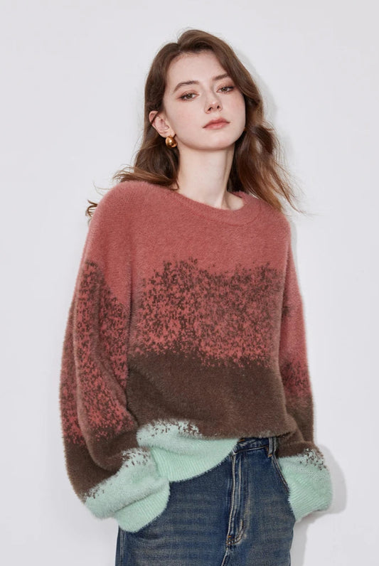 Gradient Round Neck Woolen Knitted Sweater