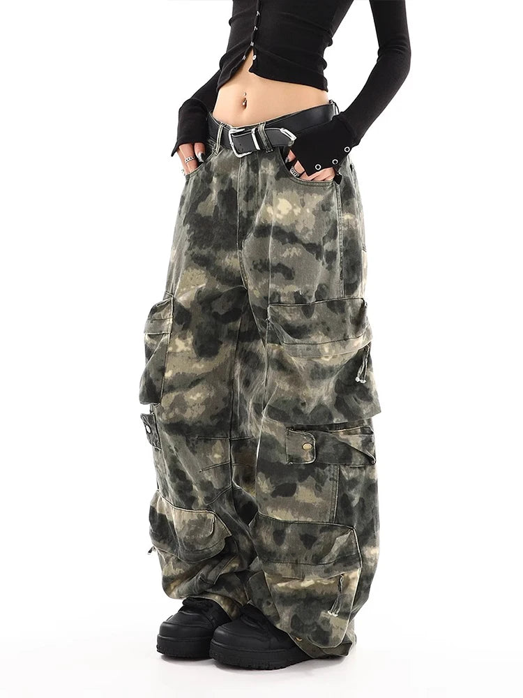 Vintage Camouflage Overalls Wide Leg Pants