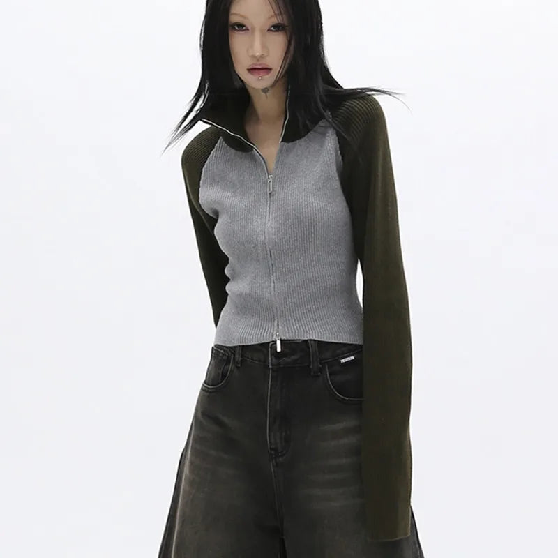 Vintage Grunge Patchwork Turtleneck Cardigan Coat