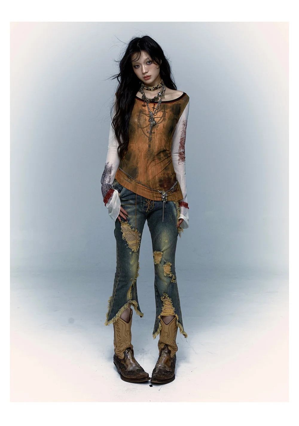 Vintage Japanese Y2K Mesh Flare-Sleeve T-Shirt