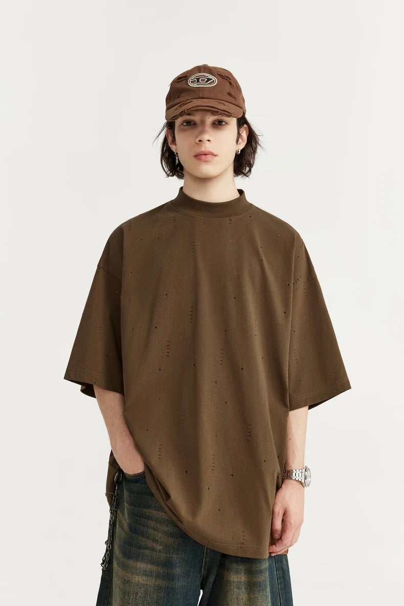 Heavyweight Ripped Mock Neck Cotton T-Shirt