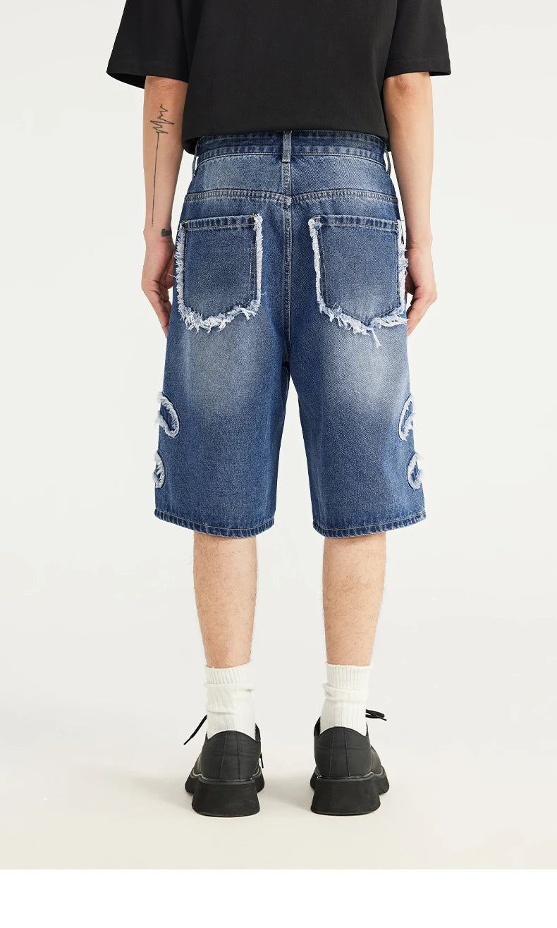 Vintage Patchwork Distressed Denim Cropped Shorts