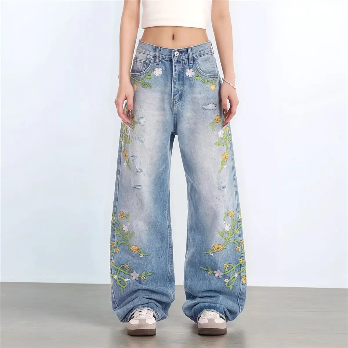 Blue Vintage Floral Embroidered High Jeans