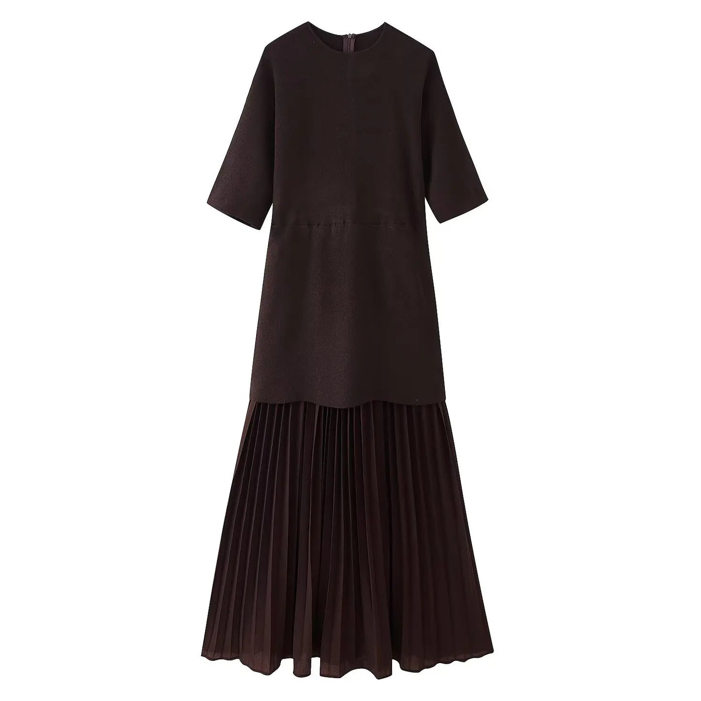 Elegant Pleated O-Neck Long Dress Women
