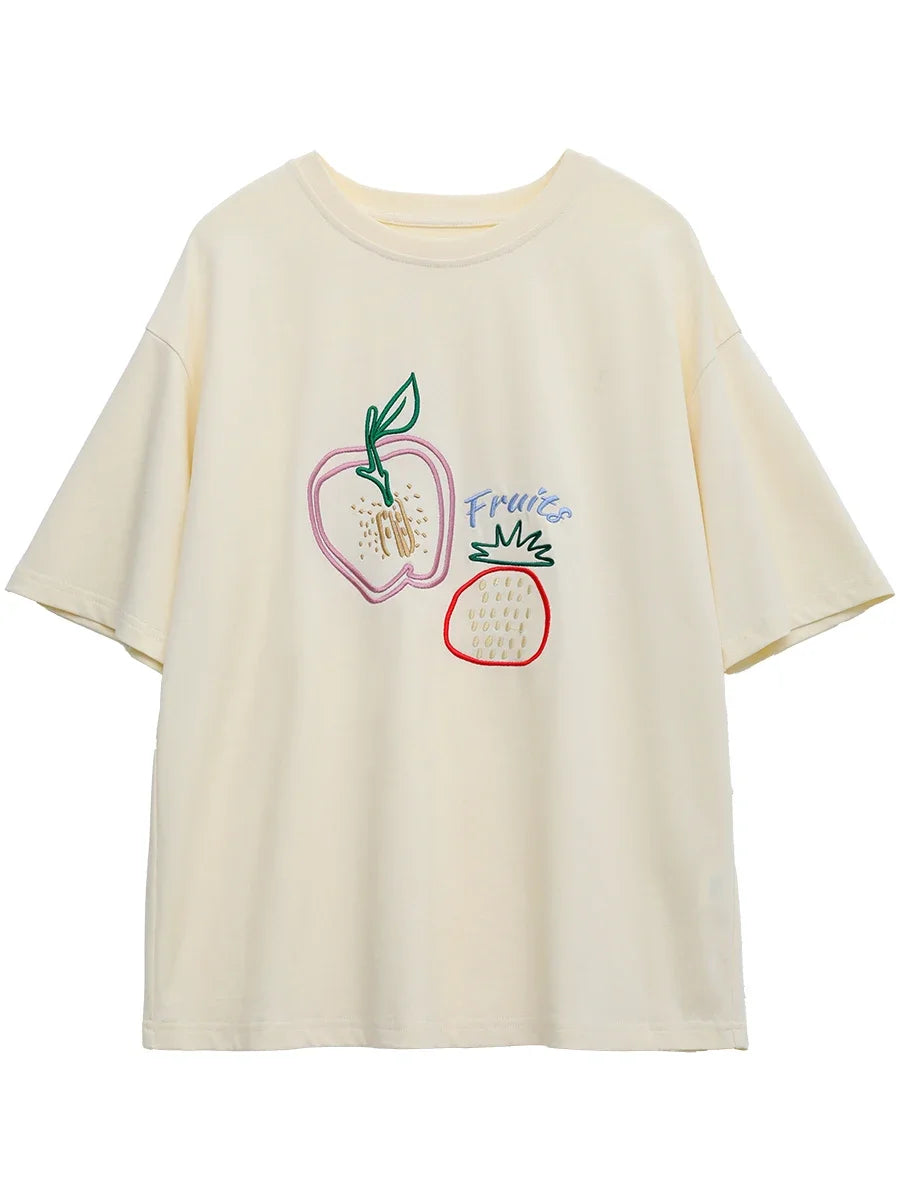 Embroidered Loose Fit Fruit Line T-Shirt