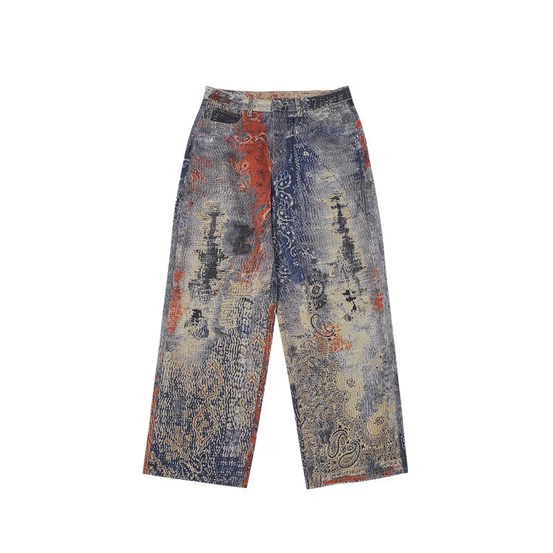Cashew Flower Digital Printed Baggy Jeans