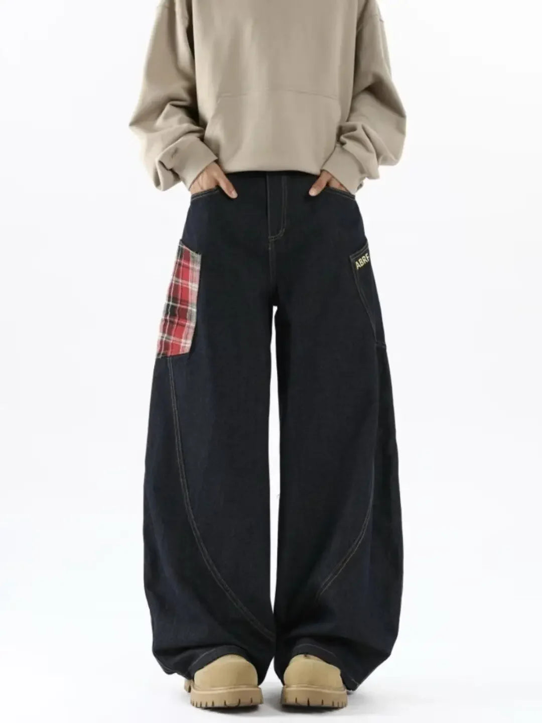 Retro Plaid Cargo Wide Leg Jeans