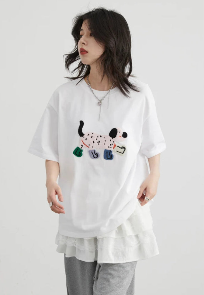 Embroidered Dog Print Chic Ven T-Shirt