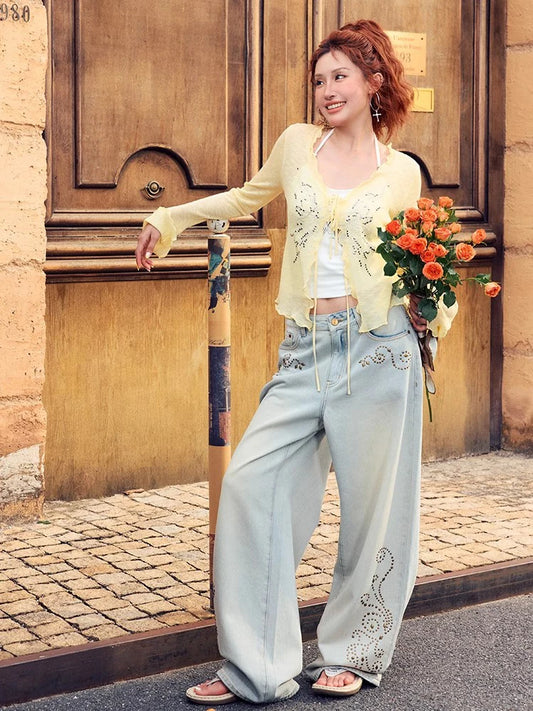 Retro Embroidery Baggy Pattern Hip Jeans