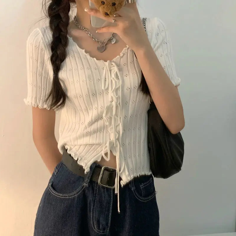 Versatile Ribbed V-Neck Knitted Crop T-Shirt