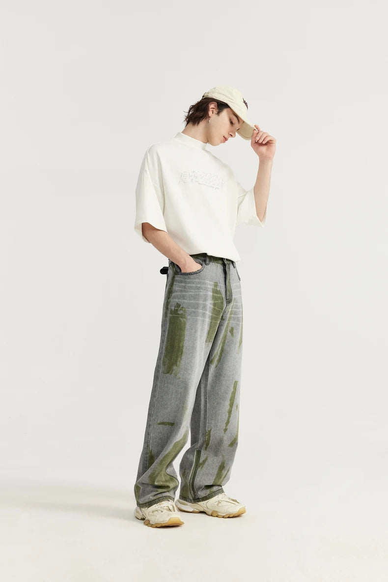 Hand-Painted Wide Leg Denim Trousers Jeans