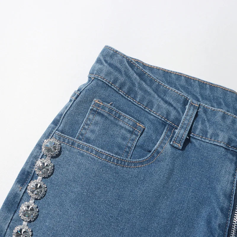 Elegant Rhinestone High Waist Loose Jeans
