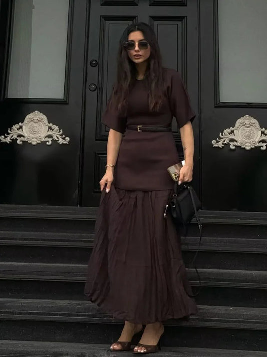Elegant Pleated O-Neck Long Dress Women