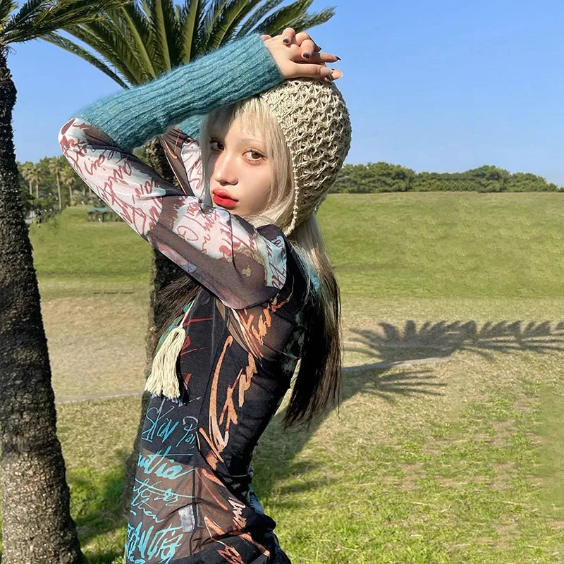 Sheer Mesh Patchwork Long Sleeve T-Shirt