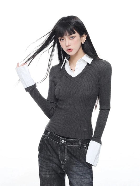 Contrast Color Lapel Sweater Knitted