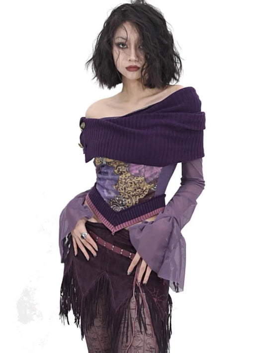 Vintage Y2K Off-Shoulder Knitted Mesh T-Shirt