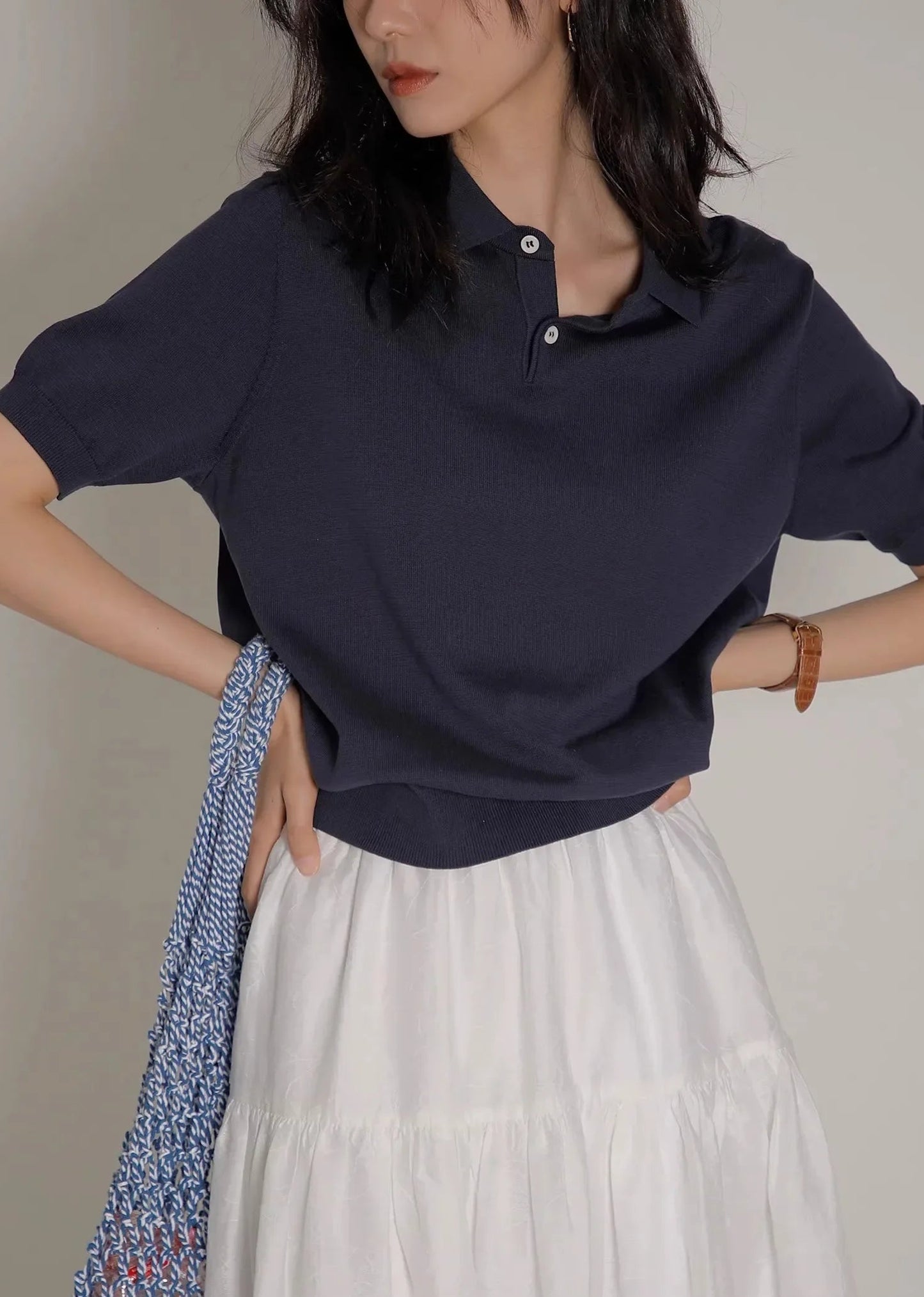 Blue Silk Knitted French Lapel T-Shirt