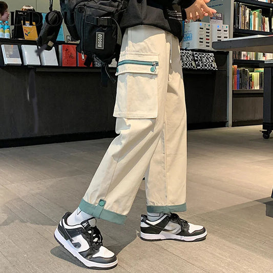 Patchwork Cotton Wide Leg Cargo Pants