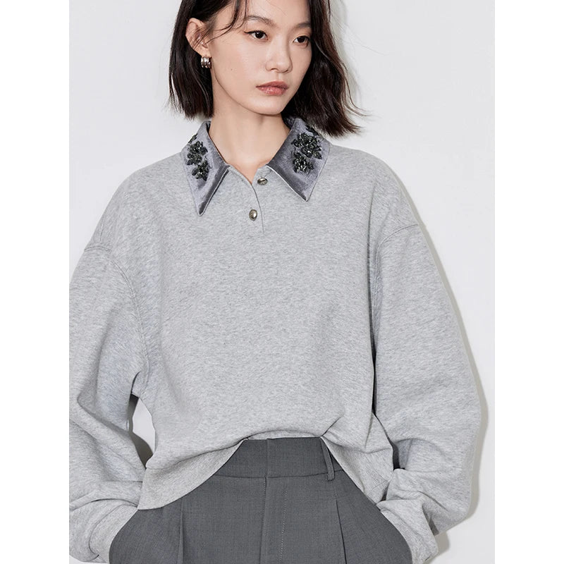 Beaded Embroidered Gray Sweatshirt Fall Shirt