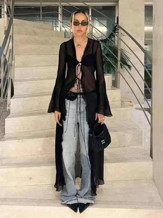 Black Vintage Y2K See-Through Cardigan Blouse