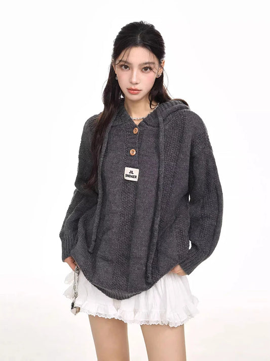 Retro Korean Hooded Sweater Casual Pullover