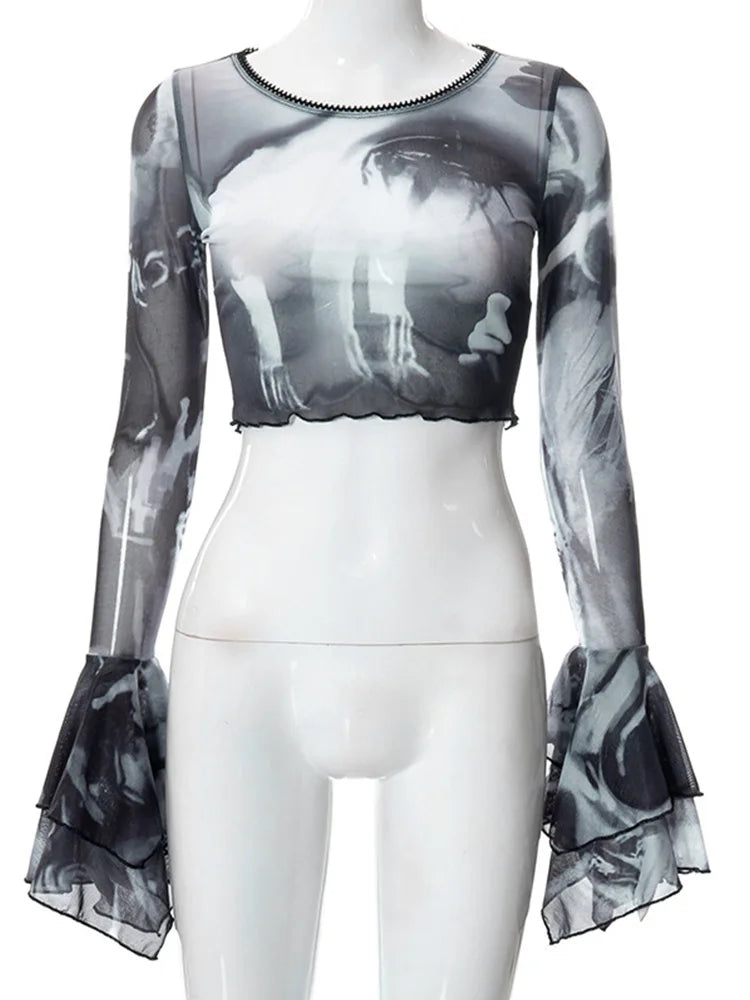 Gothic Aesthetic Mesh Flare Sleeve T-Shirt