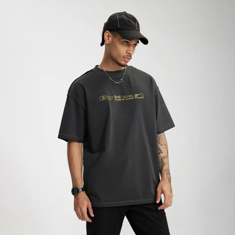 Vintage Embroidered Heavyweight Cotton Casual T-Shirt